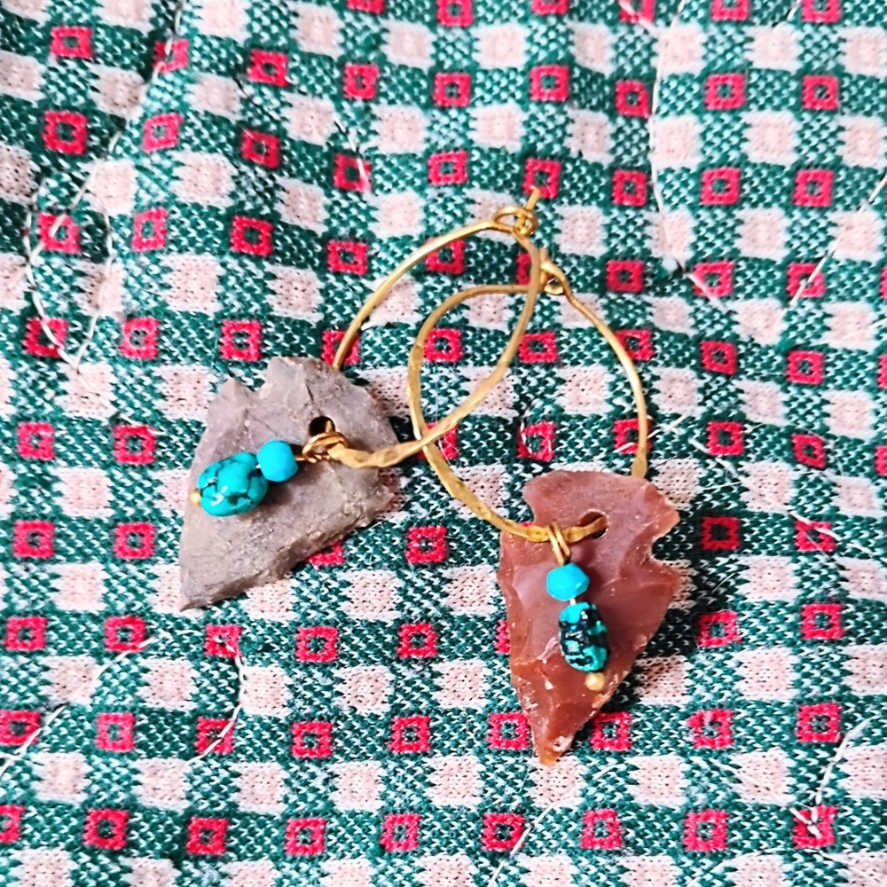 SOLD! Handmade Arrowhead And Turquoise Charm Hoops - Picture 4 of 5